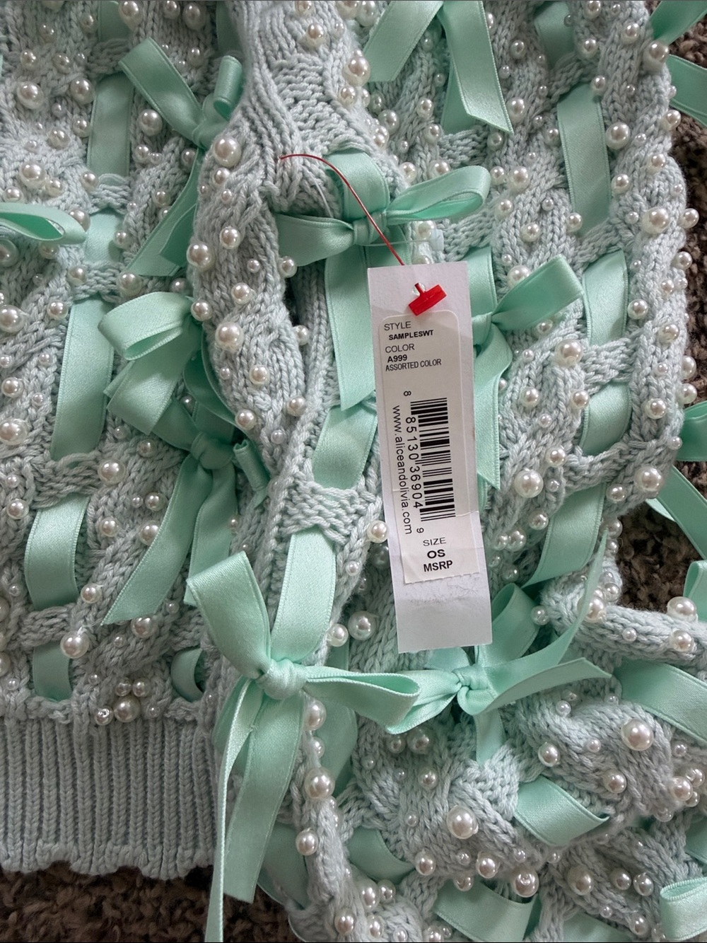 Alice + Olivia Mint Ribbon & Pearl Embellished Cardigan NWT - Picture 6 of 6